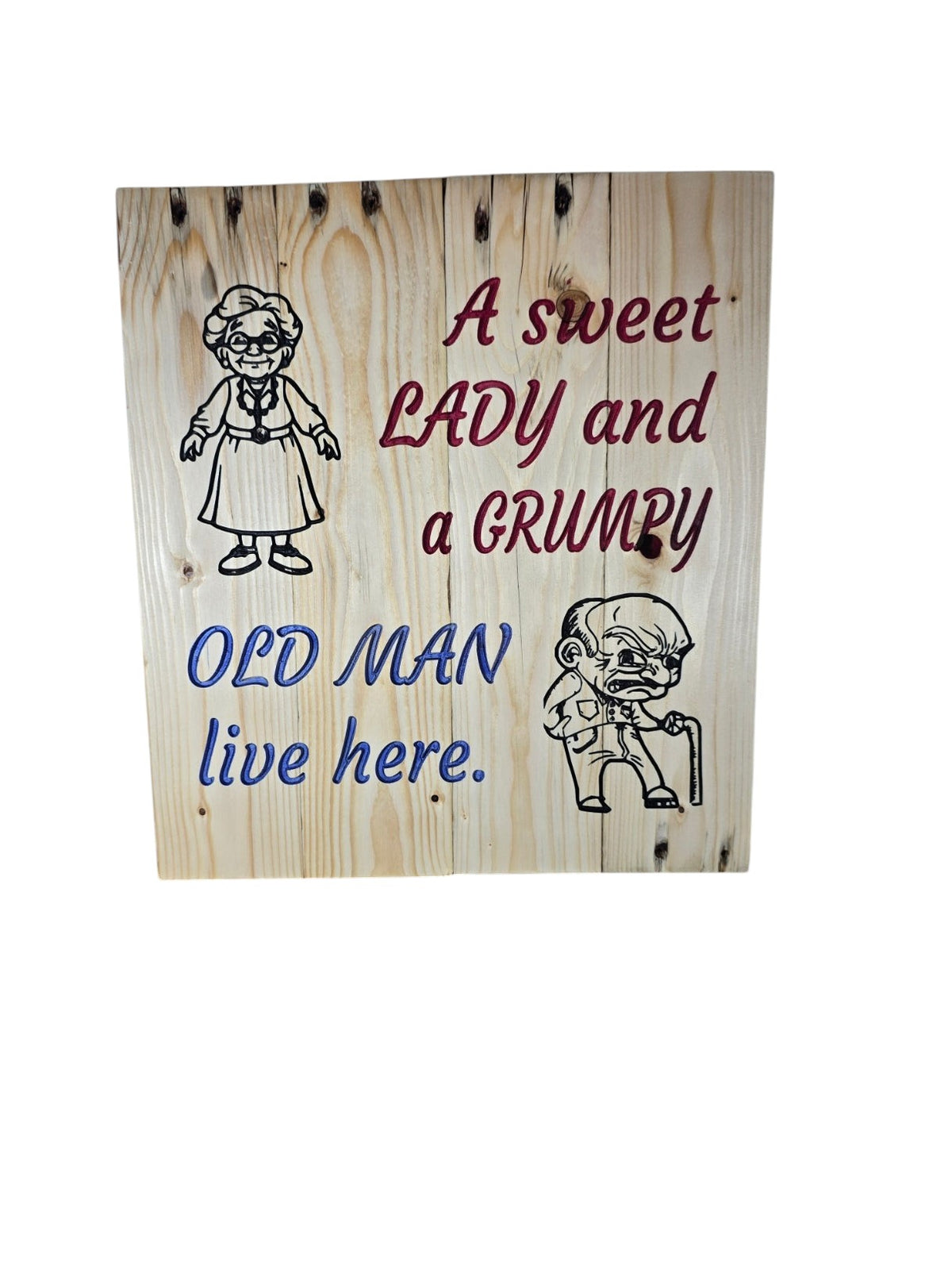 TK Wood Designs rustic wooden wall sign featuring a sweet lady and grumpy old man illustration with playful lettering.