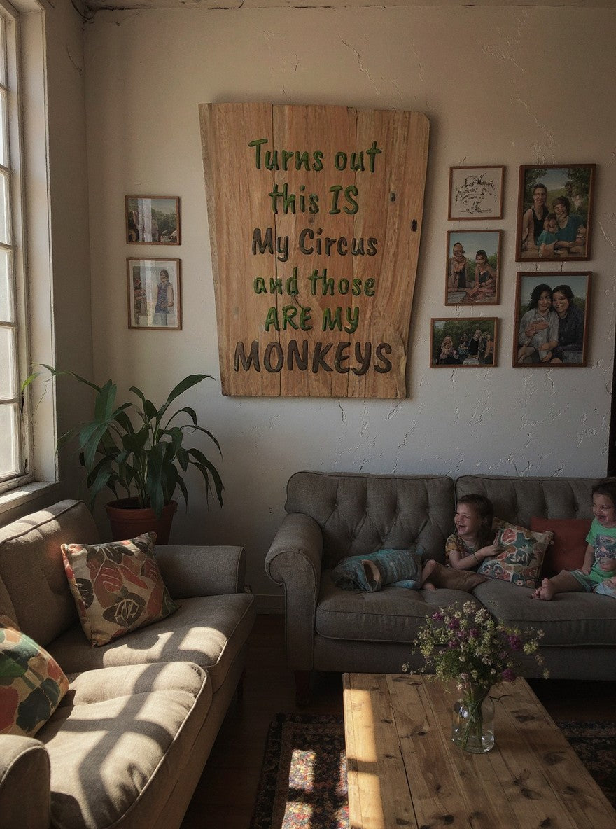 TK Wood Designs handcrafted wooden wall sign with carved text hanging in a cozy living room above a sofa.
