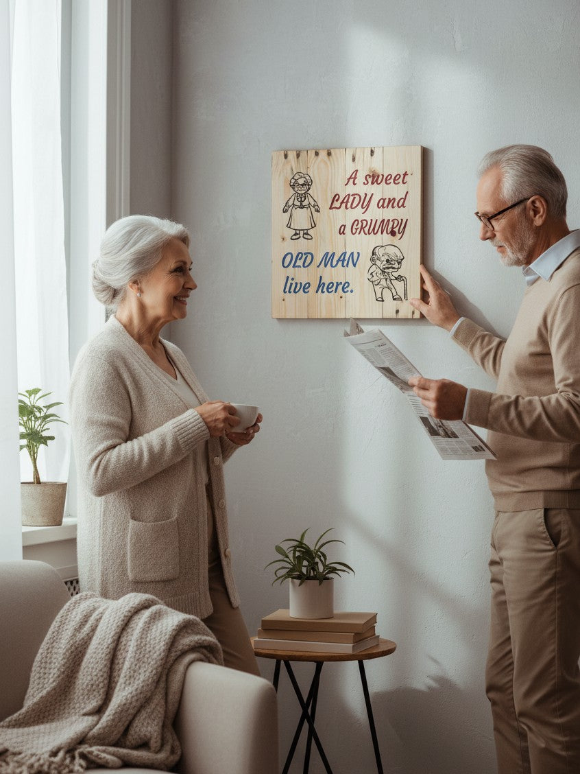 TK Wood Designs rustic wooden wall sign featuring a sweet lady and grumpy old man illustration in a cozy living room.