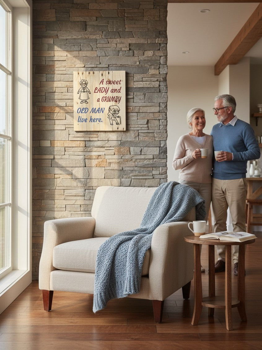 TK Wood Designs rustic wooden wall sign featuring a sweet lady and grumpy old man illustration in a cozy living room.