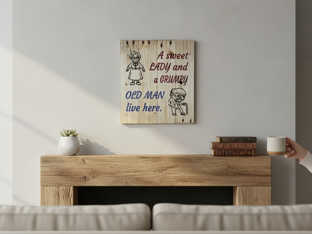 TK Wood Designs rustic wooden wall sign featuring a sweet lady and grumpy old man illustration on a light wood grain.