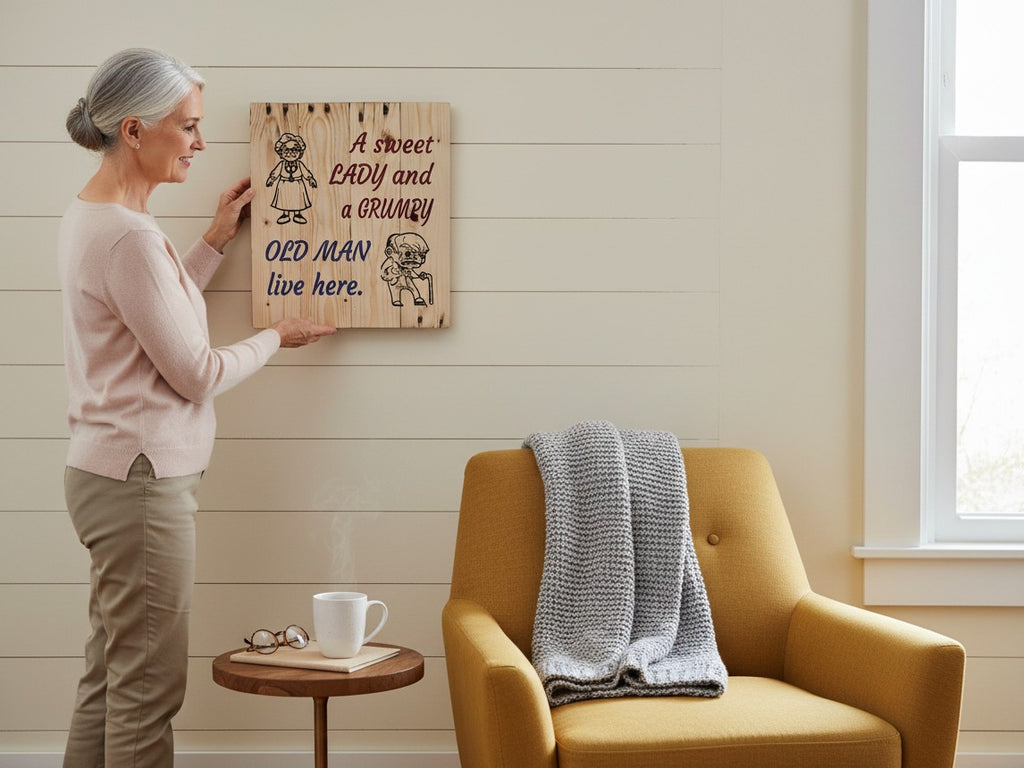 TK Wood Designs rustic wooden wall sign featuring a sweet lady and grumpy old man illustration held by a woman