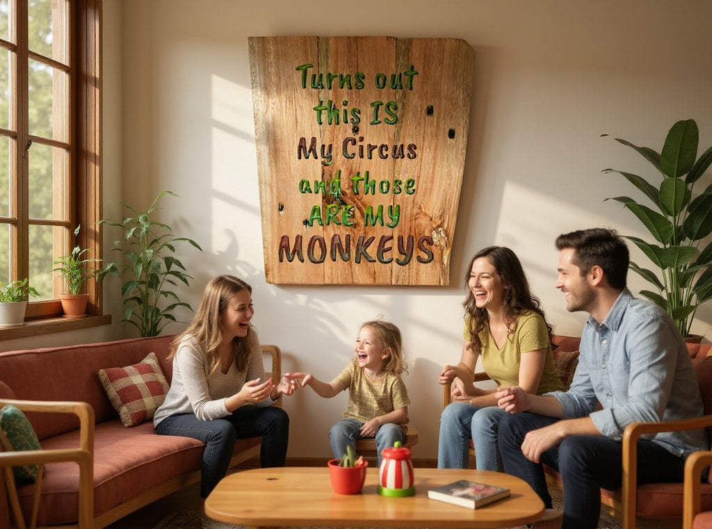 TK Wood Designs handcrafted wooden wall sign with humorous circus quote displayed in a cozy, sunlit family living room.