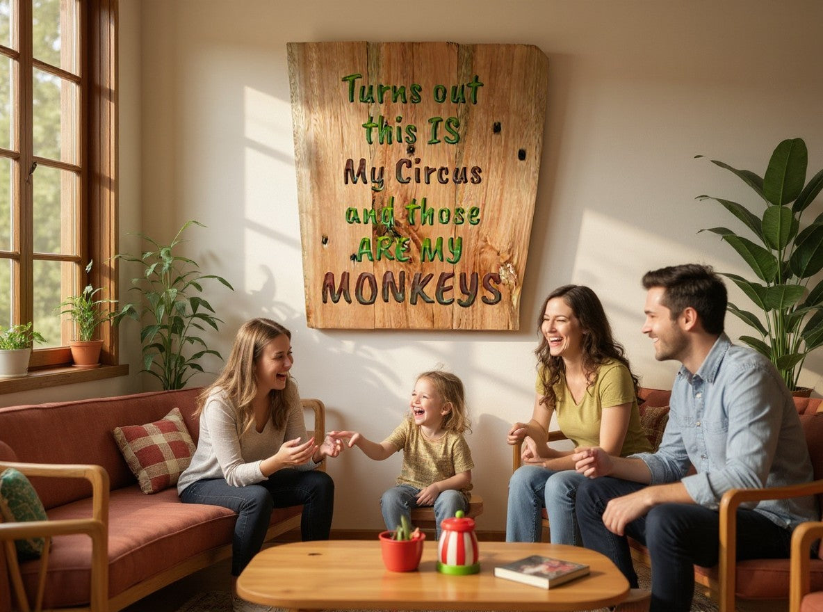 TK Wood Designs handcrafted wooden wall sign with humorous circus quote displayed in a cozy, sunlit family living room.