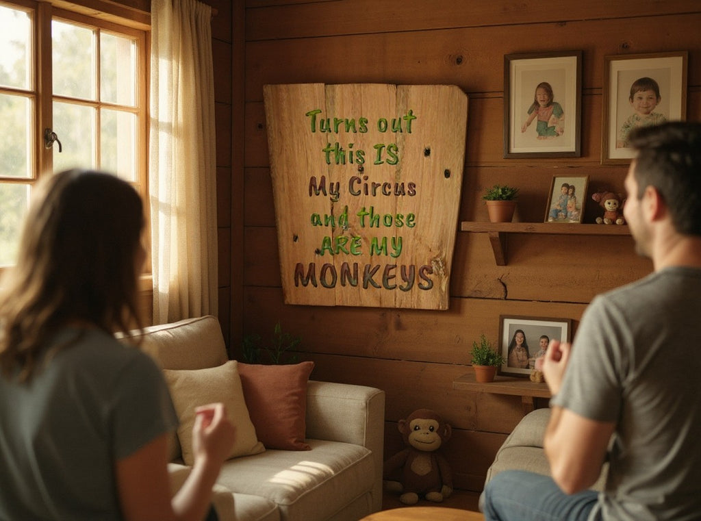 TK Wood Designs handcrafted wooden wall sign with carved text hanging in a rustic living room with a couple nearby.