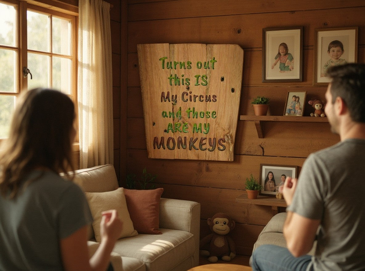 TK Wood Designs handcrafted wooden wall sign with carved text hanging in a rustic living room with a couple nearby.
