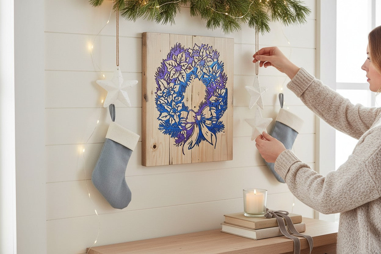 TK Wood Designs decorative holiday wreath wall art with blue and purple gradient on natural wood grain