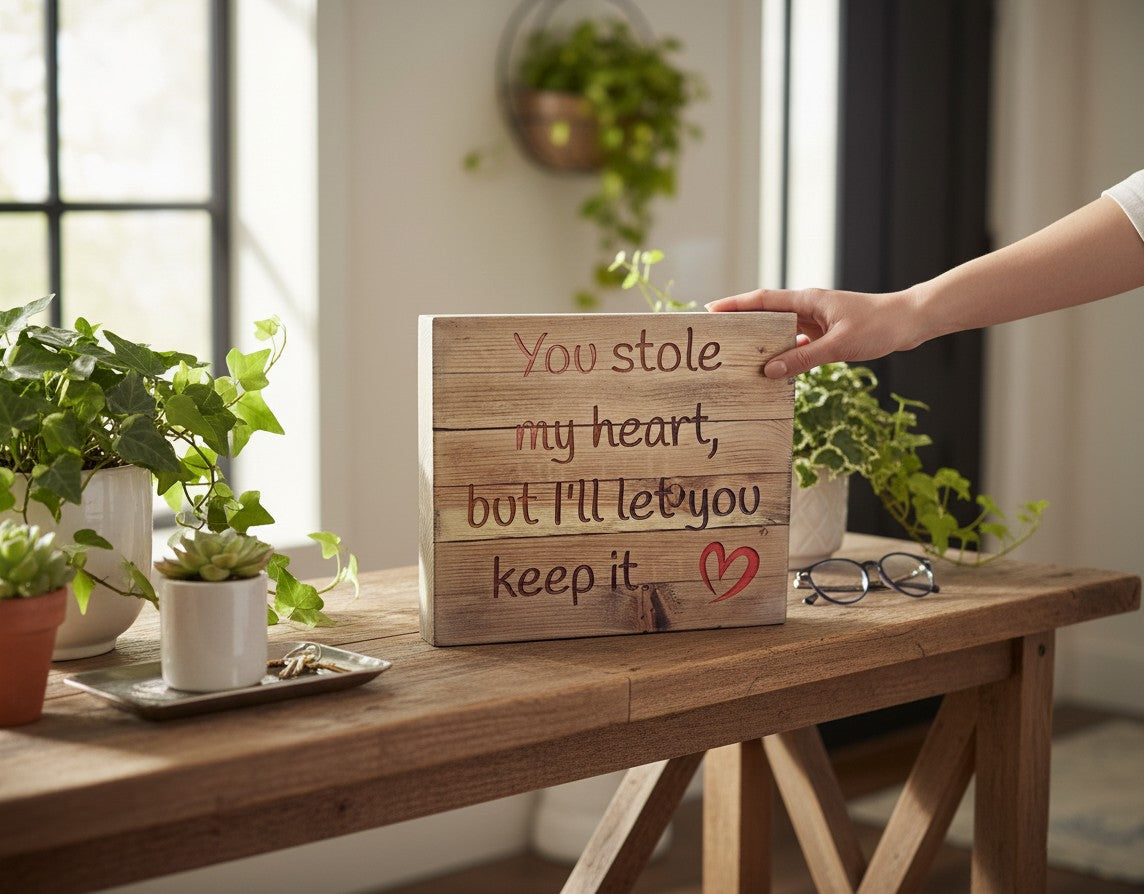 TK Wood Designs rustic wooden sign with carved lettering that reads "You stole my heart, but I'll let you keep it" and a red heart accent.