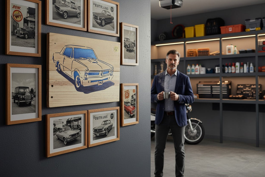 TK Wood Designs 1965 GTO wood sign with blue accents. Features a classic car silhouette.