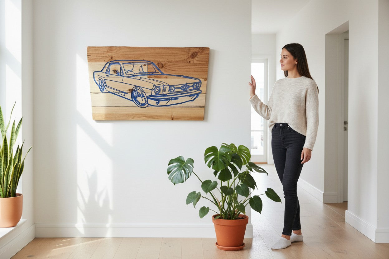 TK Wood Designs salvaged wood sign featuring a blue outline of a 1968 Ford Mustang coupe. Rustic decor for car enthusiasts.