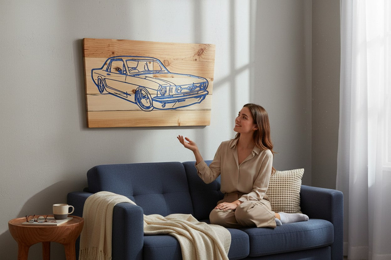 TK Wood Designs salvaged wood sign featuring a blue outline of a 1968 Ford Mustang coupe. Rustic, nostalgic automotive decor.