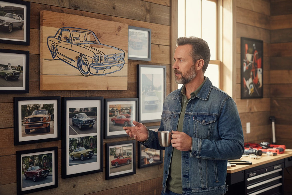 TK Wood Designs salvaged wood sign featuring a blue outline of a 1968 Ford Mustang coupe.