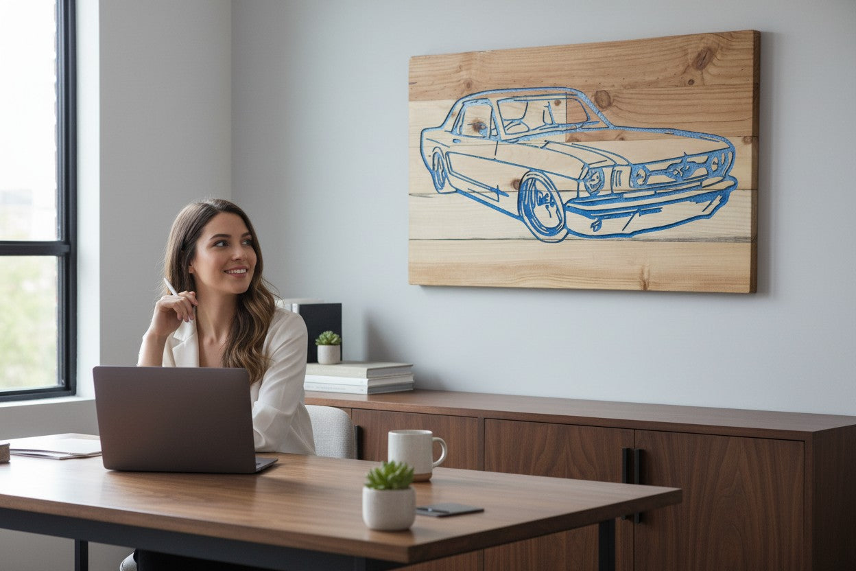 TK Wood Designs salvaged wood sign featuring a blue outline of a 1968 Ford Mustang coupe. Rustic wall art for car enthusiasts.