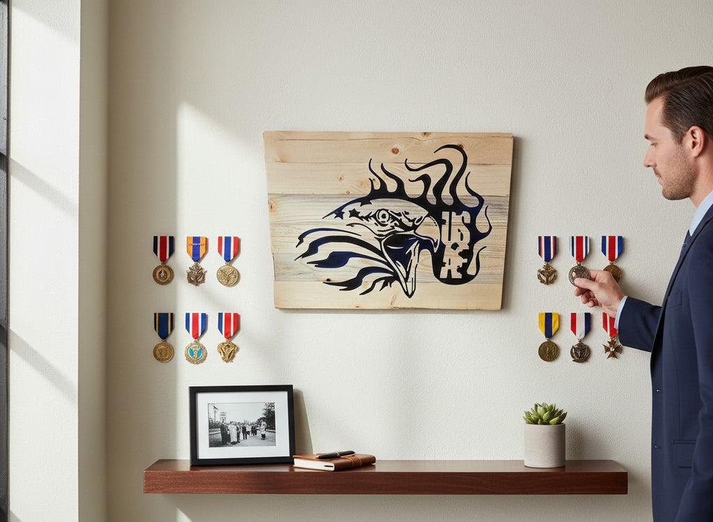 TK Wood Designs Air Force #2 rustic wooden sign with an eagle graphic and flames. Features distressed wood.