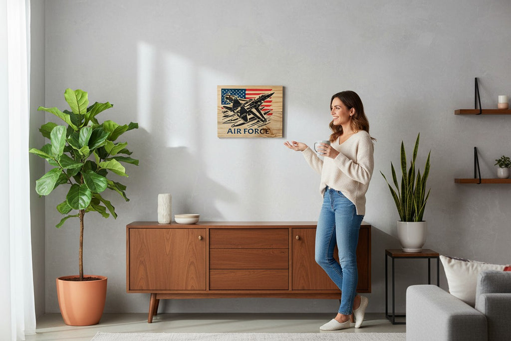 TK Wood Designs Air Force jet carved into wood with American flag background. Rustic patriotic decor.