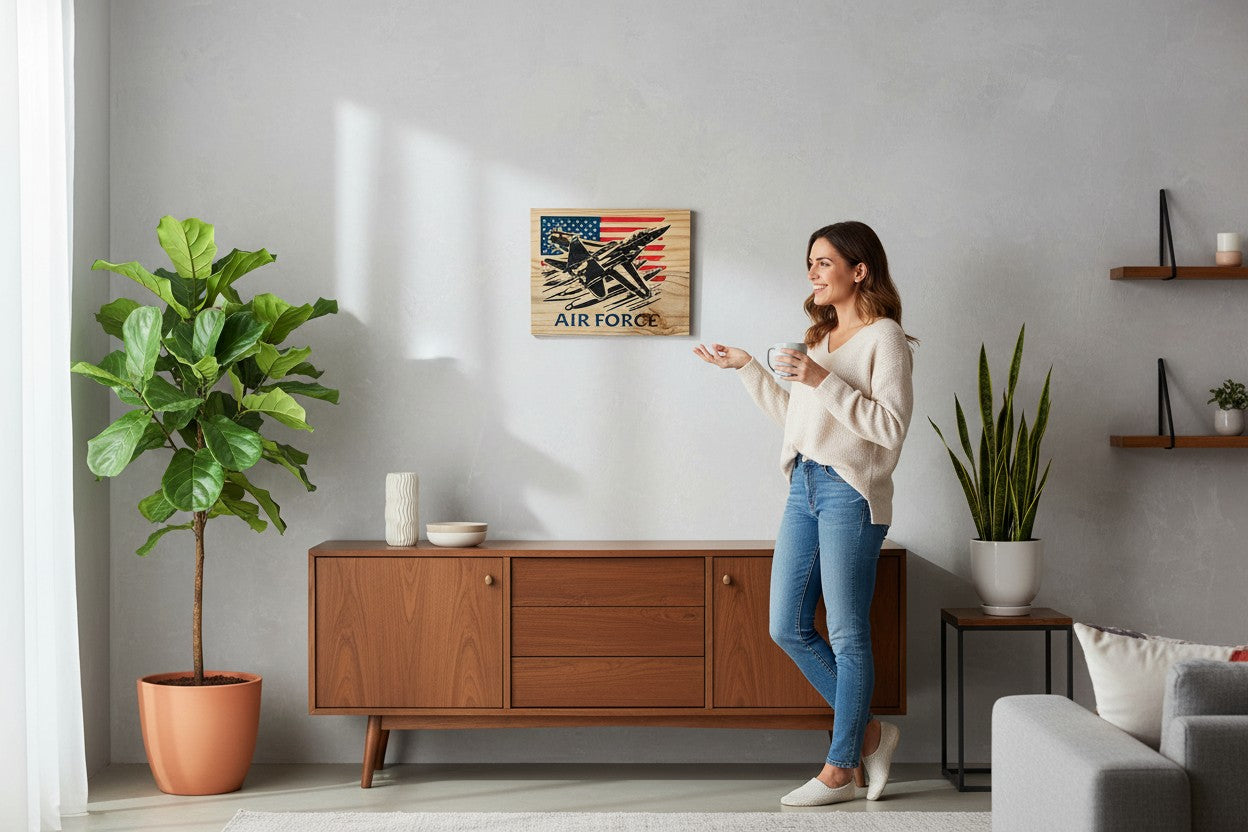 TK Wood Designs Air Force jet carved into wood with American flag background. Rustic patriotic decor.