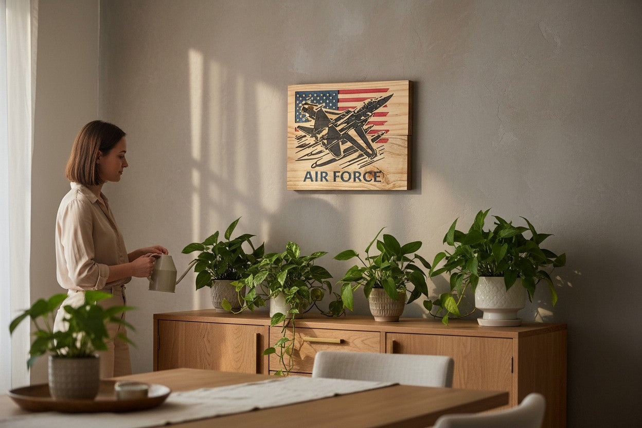 TK Wood Designs Air Force jet silhouette against distressed American flag, wooden wall art.