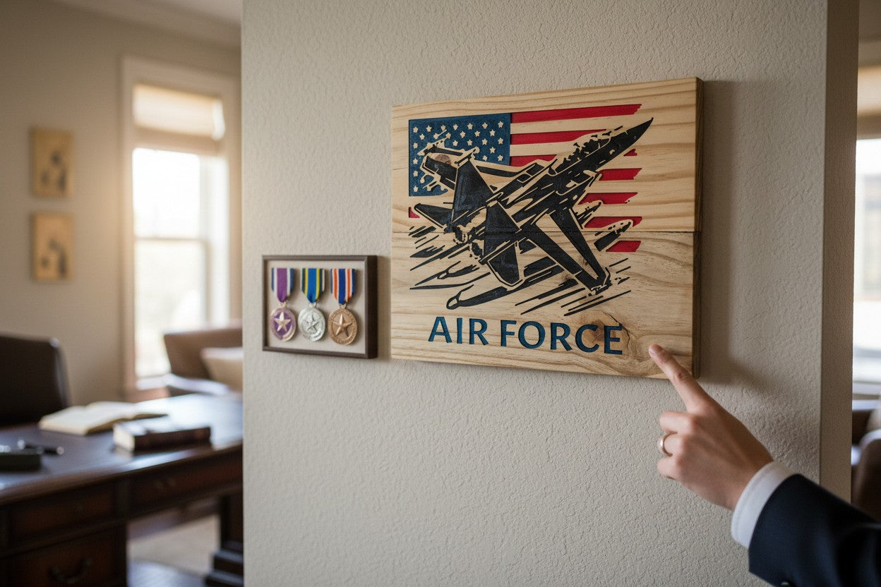 TK Wood Designs Air Force jet with American flag carved into distressed wood. Rustic patriotic decor.