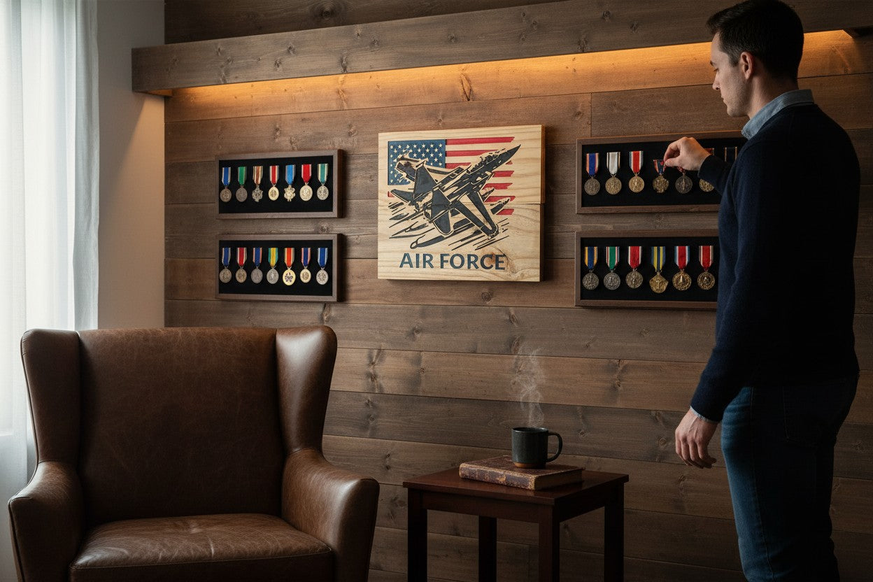 TK Wood Designs Air Force jet wood sign with American flag detail. Rustic patriotic decor.