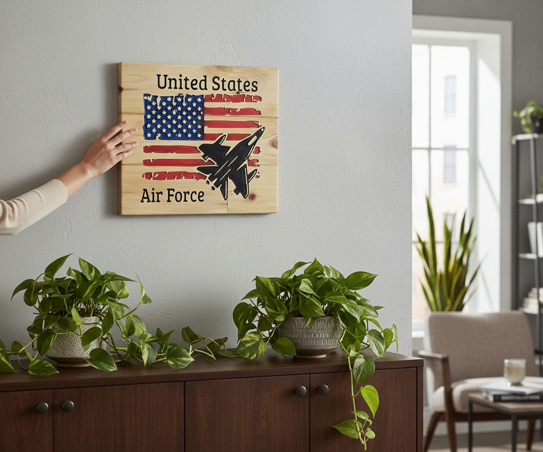 TK Wood Designs rustic wooden sign featuring a distressed American flag with a black fighter jet and "United States Air Force" text.