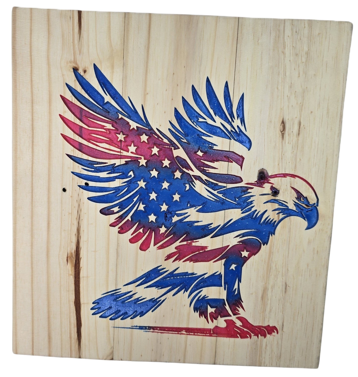 TK Wood Designs patriotic American eagle wood wall art in red, white, and blue with stars.