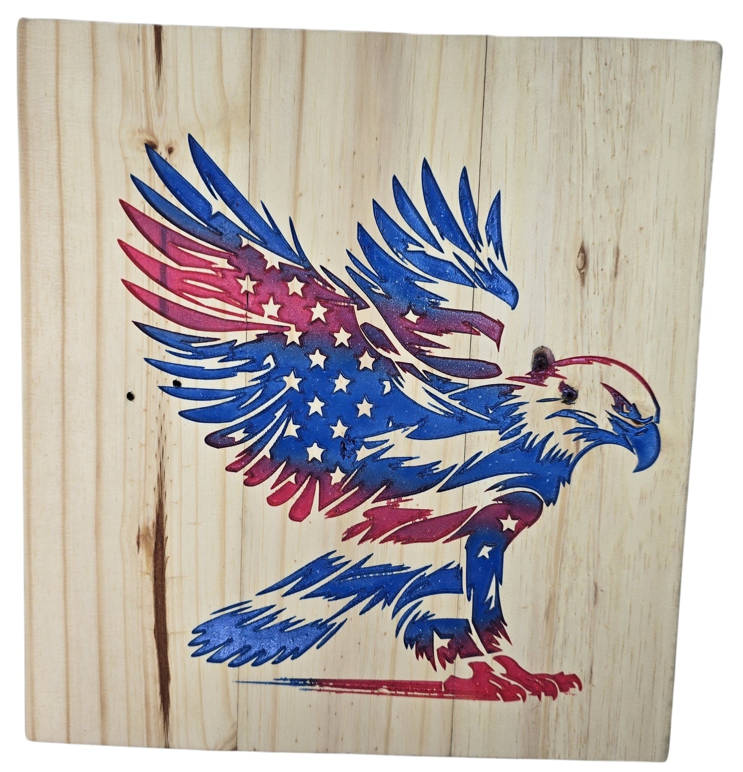 TK Wood Designs patriotic American Eagle wood wall art with red, white, and blue flag design. Natural wood.