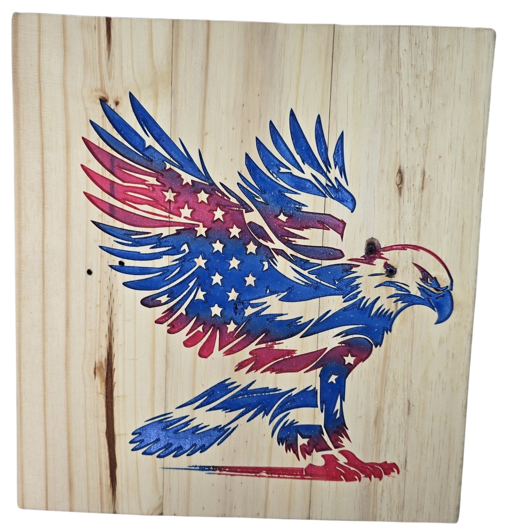 TK Wood Designs patriotic American Eagle wood wall art with red, white, and blue flag design. Natural wood.