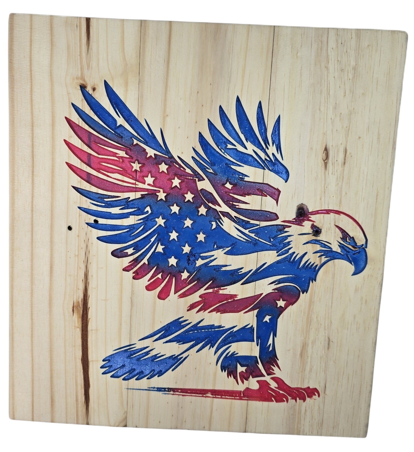 TK Wood Designs patriotic American eagle wood wall art with red, white, and blue flag design.