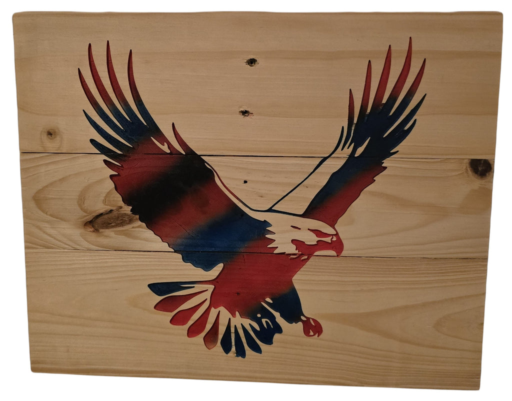 TK Wood Designs patriotic American Eagle wood wall art in red, white, and blue. Rustic wooden planks.
