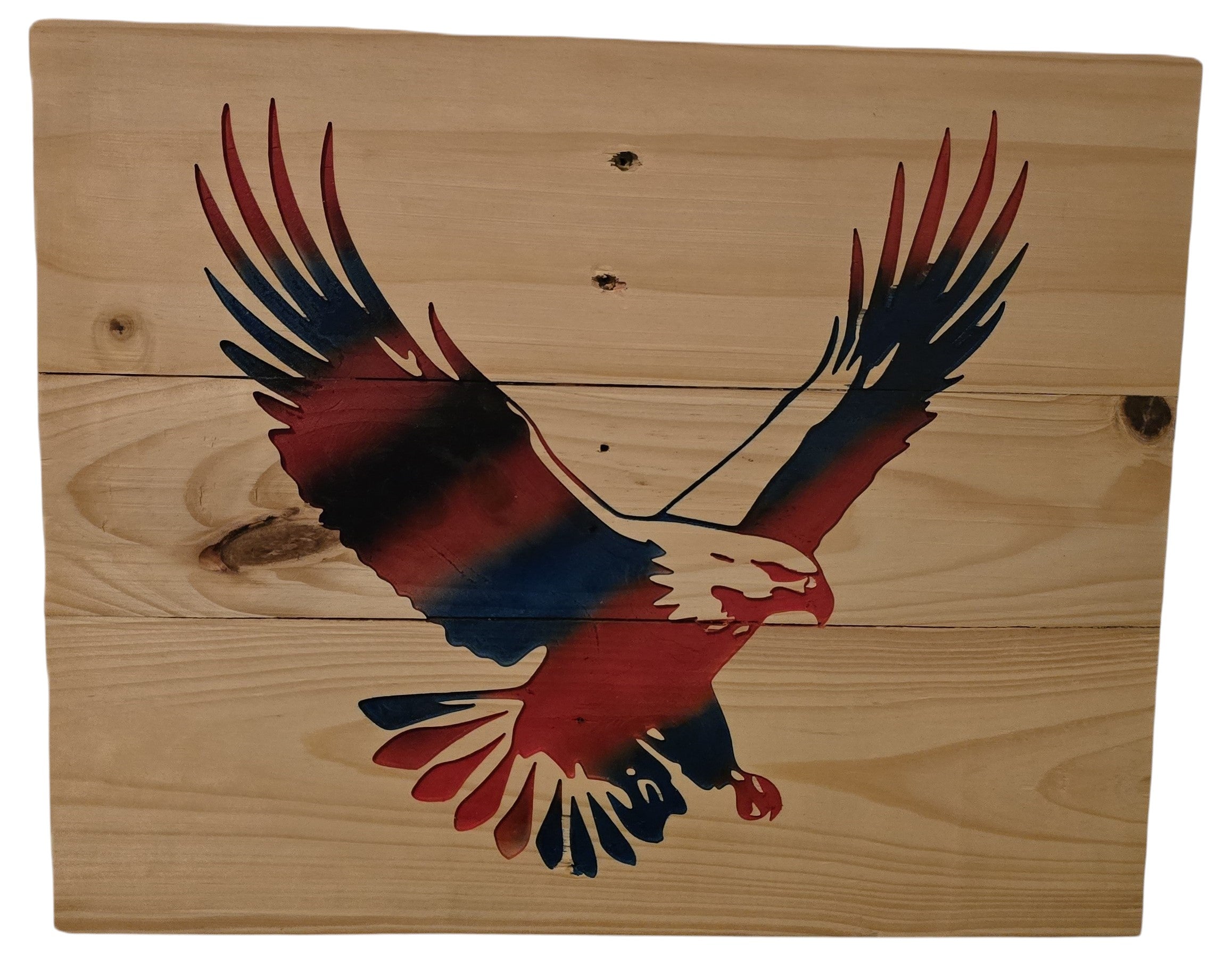 TK Wood Designs patriotic wood wall art featuring a red, white, and blue eagle in flight on natural wood planks.