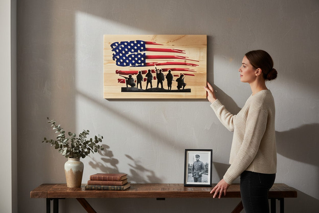 TK Wood Designs distressed American flag wall art with silhouette of soldiers, made from reclaimed wood.