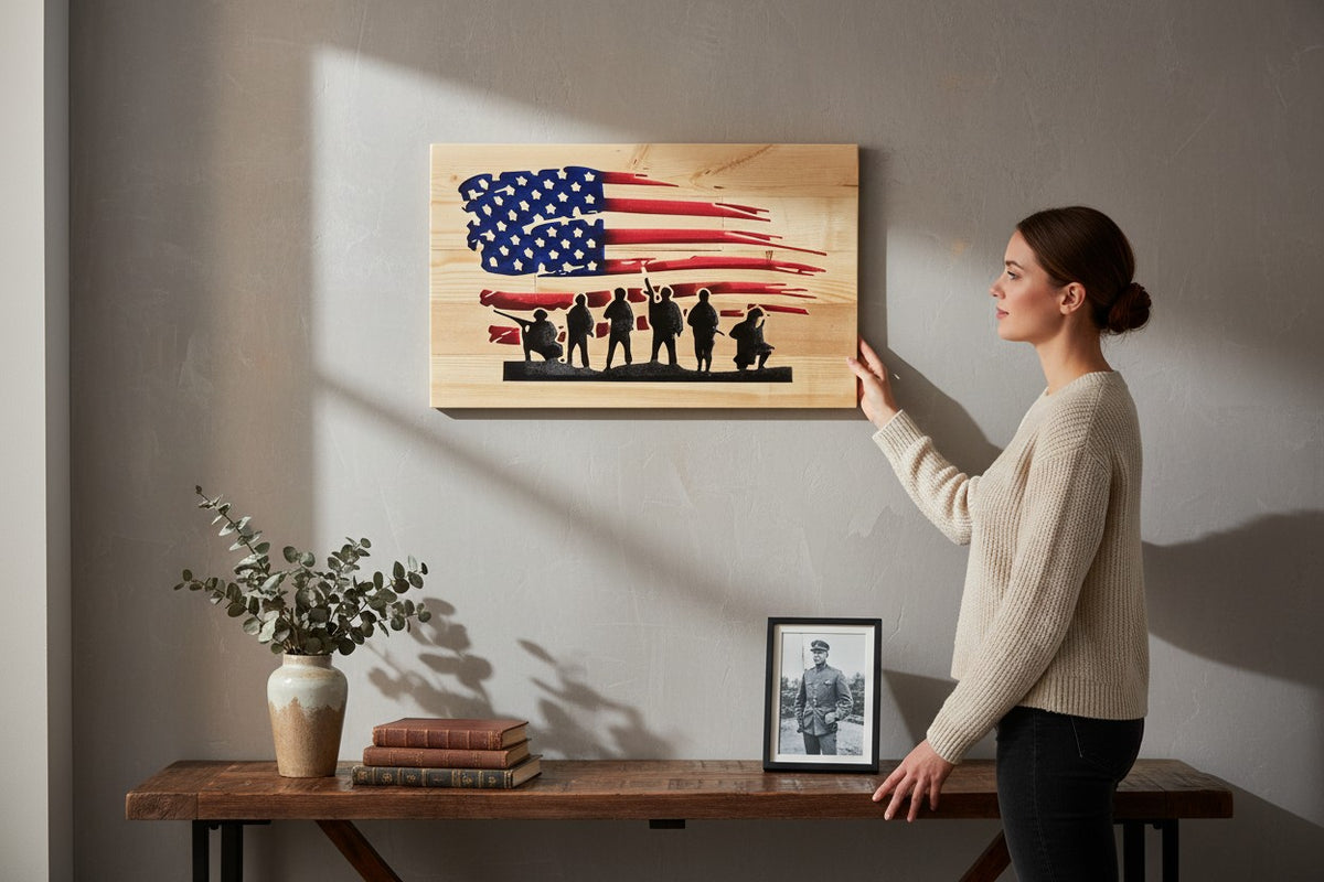 TK Wood Designs distressed American flag wall art with silhouette of soldiers, made from reclaimed wood.