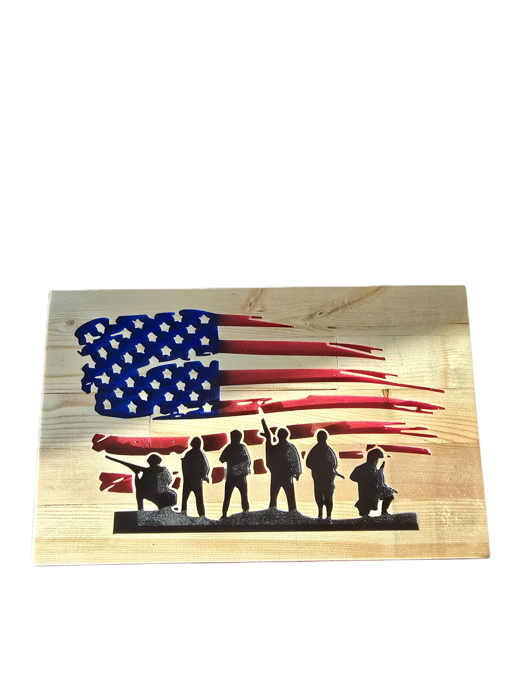 TK Wood Designs wooden wall art featuring a distressed American flag with soldier silhouettes.