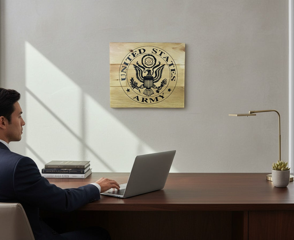 TK Wood Designs rustic wooden sign featuring the United States Army emblem in black.