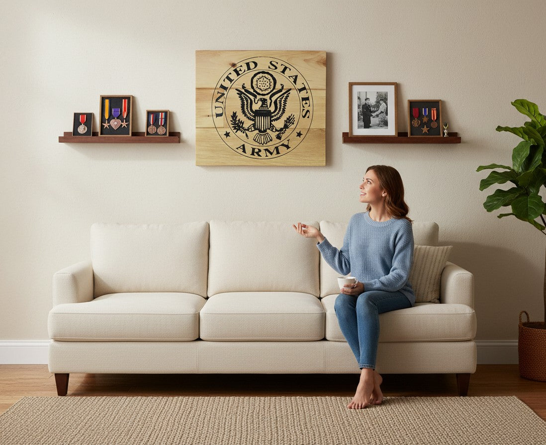TK Wood Designs rustic wooden sign featuring the United States Army emblem in black.