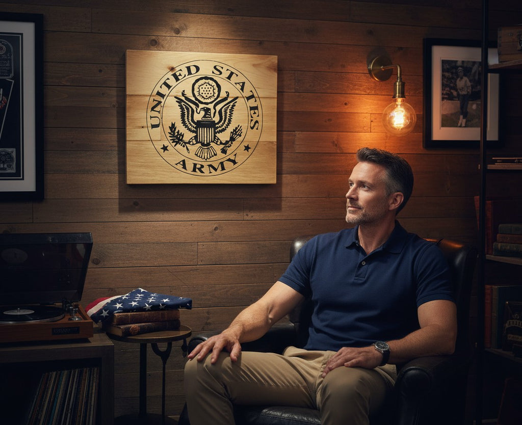 TK Wood Designs rustic wooden sign featuring the United States Army emblem in black. Made from reclaimed wood with a distressed finish.