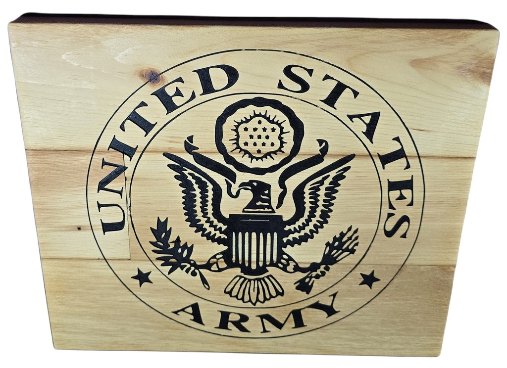 TK Wood Designs United States Army emblem wood wall art, featuring the iconic black stencil design on natural wood planks.