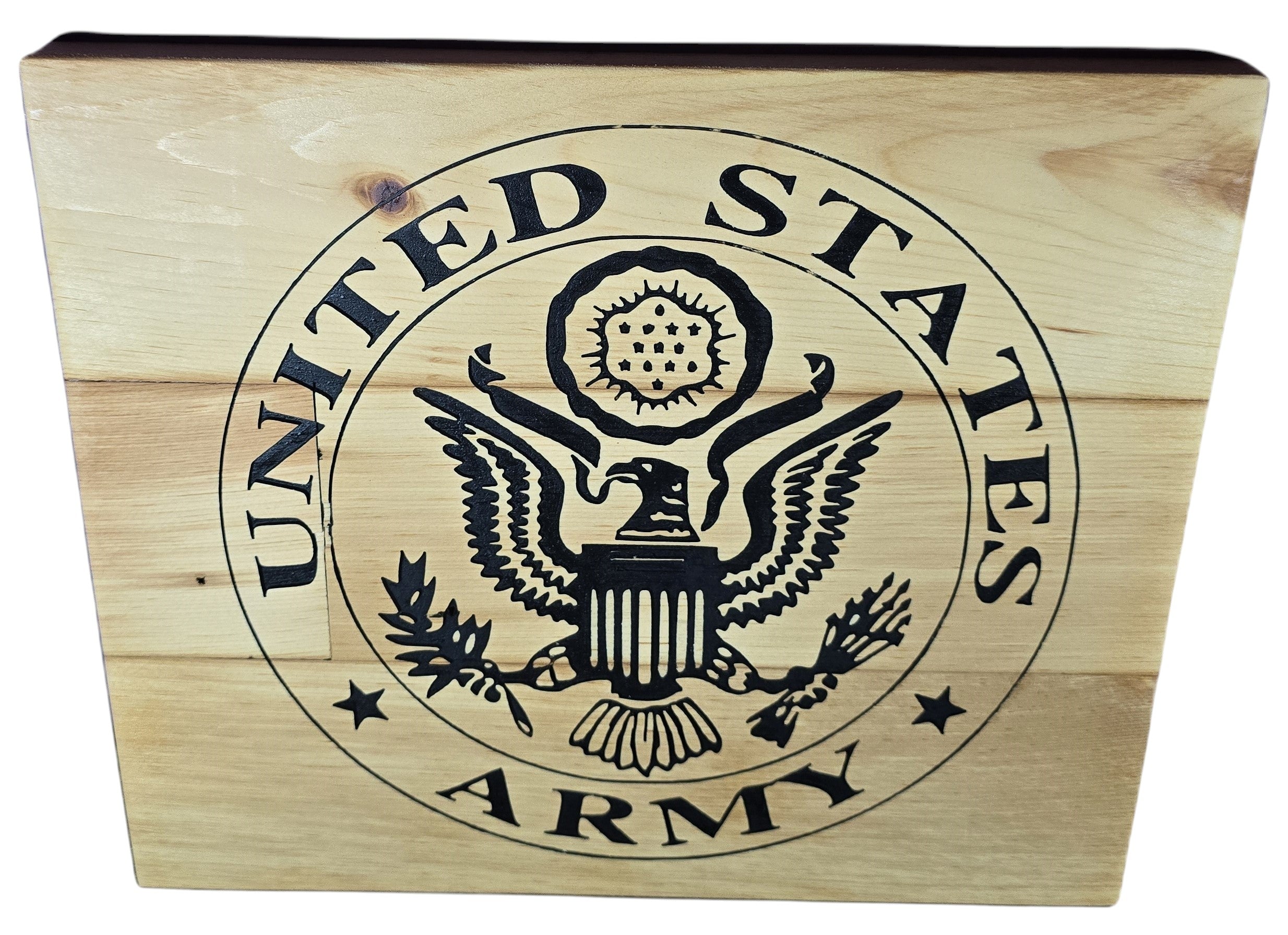 TK Wood Designs United States Army emblem wood wall art, featuring the iconic black stencil design on natural wood planks.