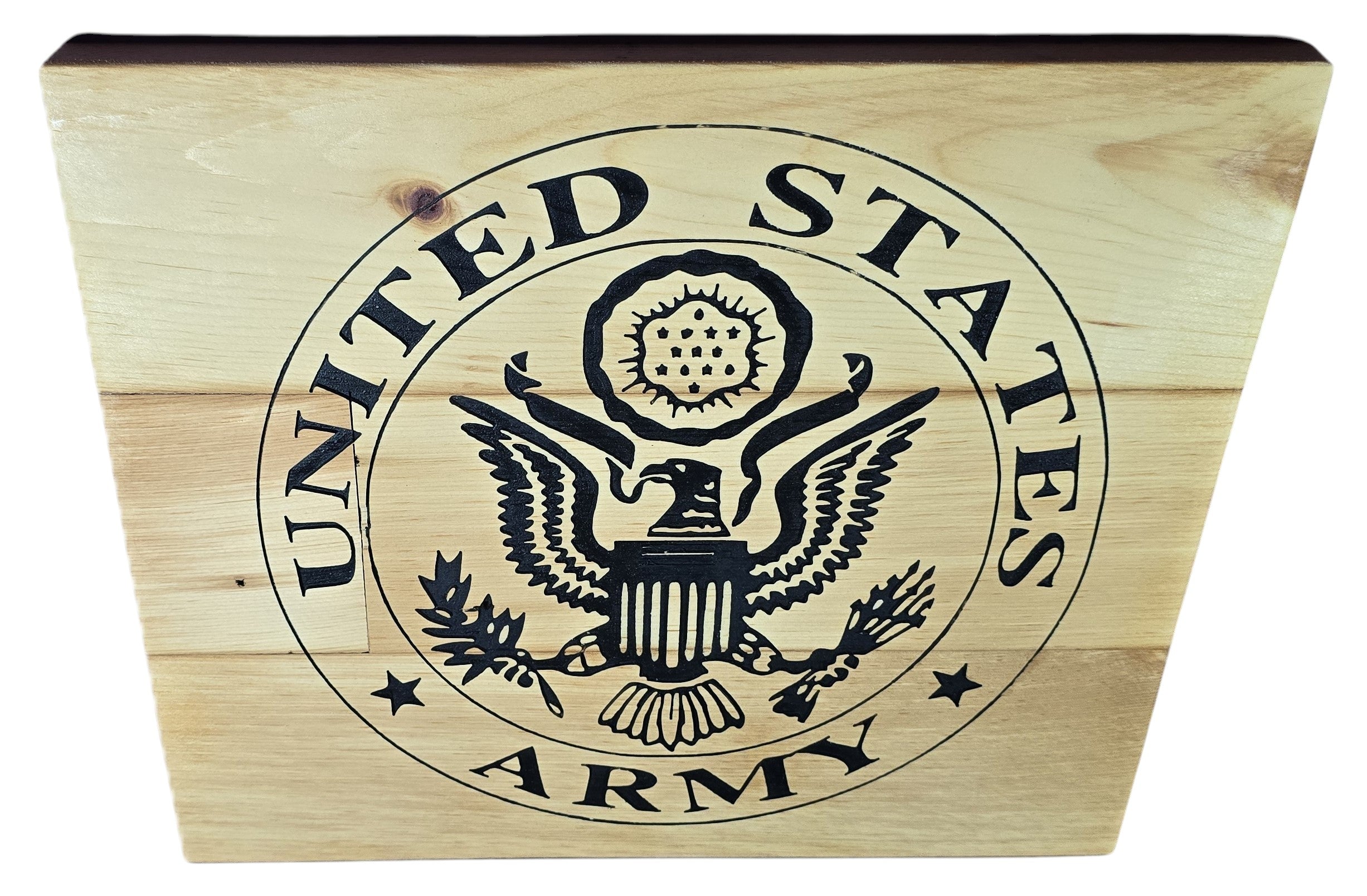 TK Wood Designs United States Army emblem wood wall art with black stencil design on natural wood planks.