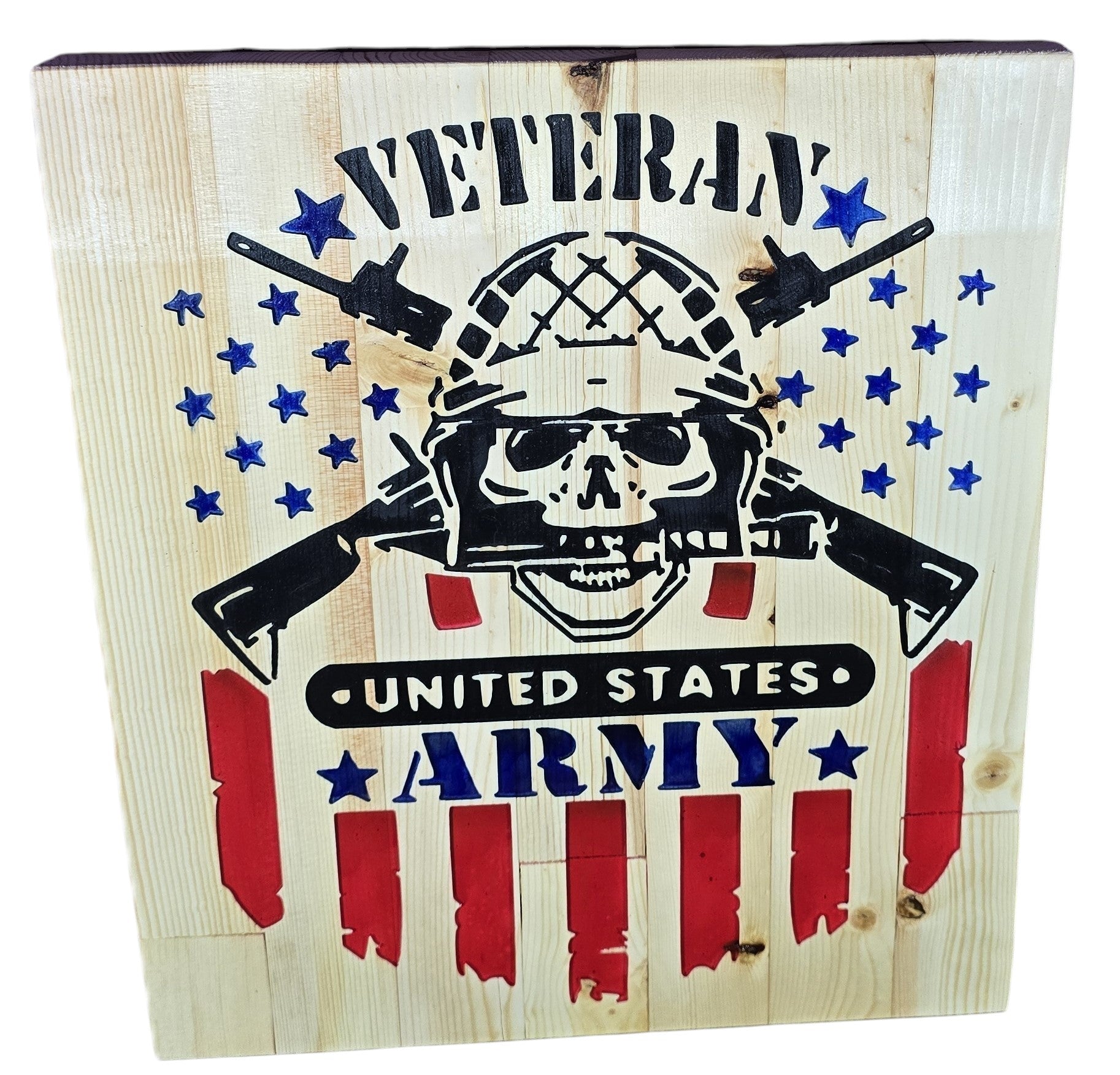 TK Wood Designs United States Army veteran wooden wall art featuring a skull, helmet, crossed rifles, and distressed American flag.