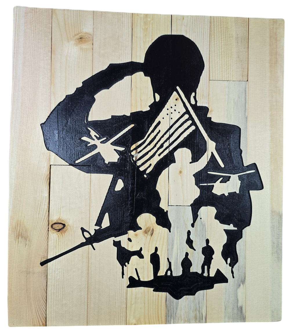 TK Wood Designs rustic wooden sign featuring a silhouette of a soldier saluting with an American flag, rifle, and helicopters. Made from reclaimed wood.