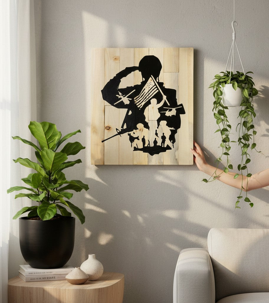 TK Wood Designs rustic wooden sign featuring a silhouette of a soldier saluting with an American flag and military imagery. Made from reclaimed wood.