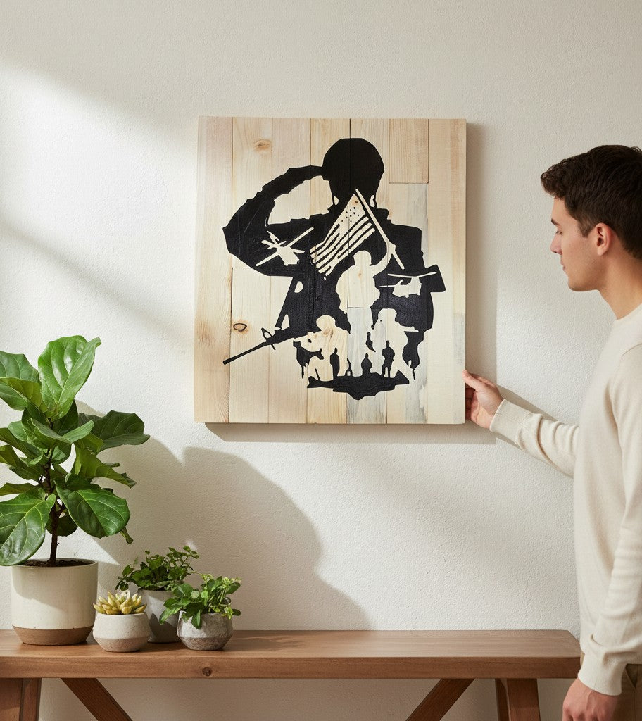 TK Wood Designs rustic wooden sign featuring a silhouette of a soldier saluting with an American flag and military imagery. Natural wood.