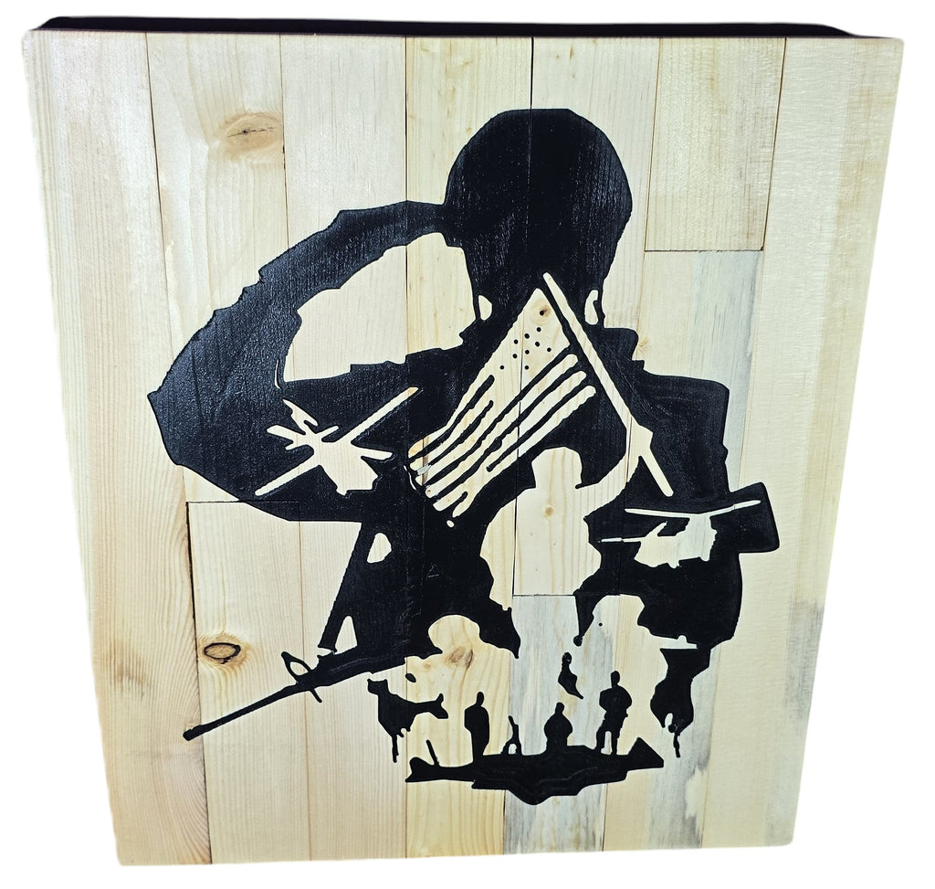 TK Wood Designs rustic wooden sign featuring a black silhouette of a soldier saluting, holding an American flag, with military elements like helicopters and a rifle.