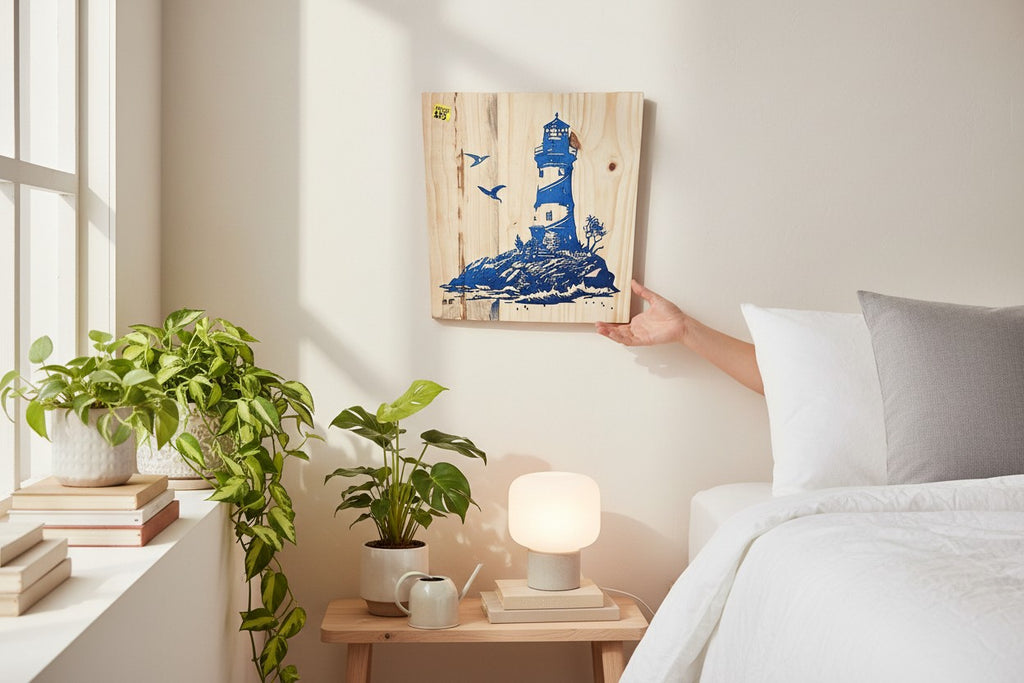 TK Wood Designs blue lighthouse carved into natural wood, with two birds flying and waves crashing on rocks.