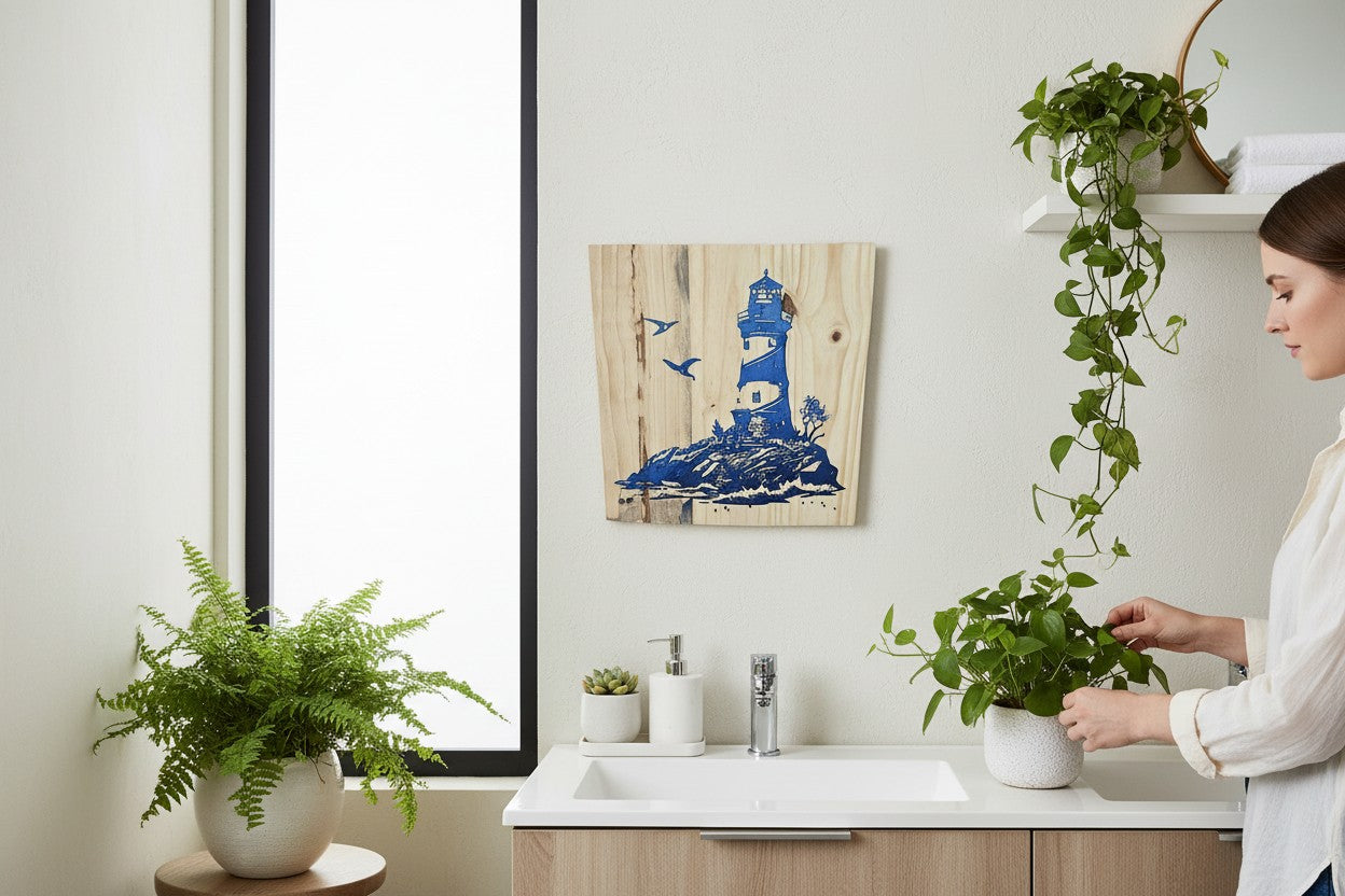 TK Wood Designs wooden sign with blue lighthouse, rocky shore, waves, and birds. Natural wood grain.