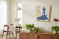 TK Wood Designs wooden sign with blue lighthouse, birds, and rocky shore carving. Natural wood grain.