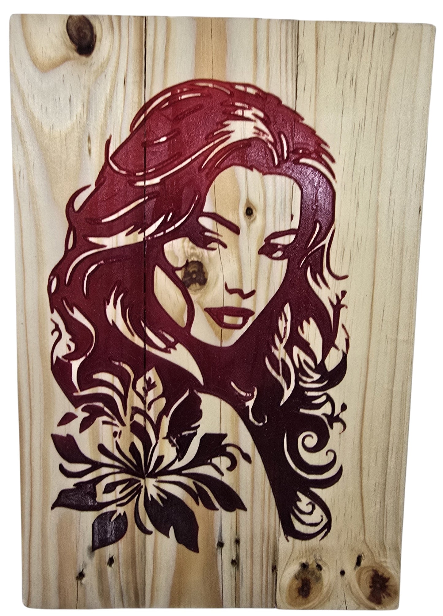 TK Wood Designs bohemian woman wood wall art with red floral accents. Natural wood grain visible.