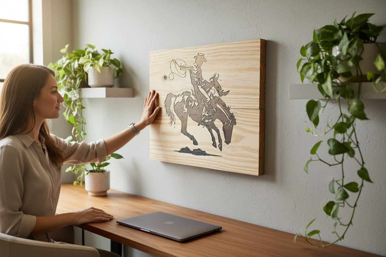 TK Wood Designs Bronco Cowboy salvaged wood sign, featuring a silhouette of a cowboy on a bucking horse with a lasso. Rustic, western decor.