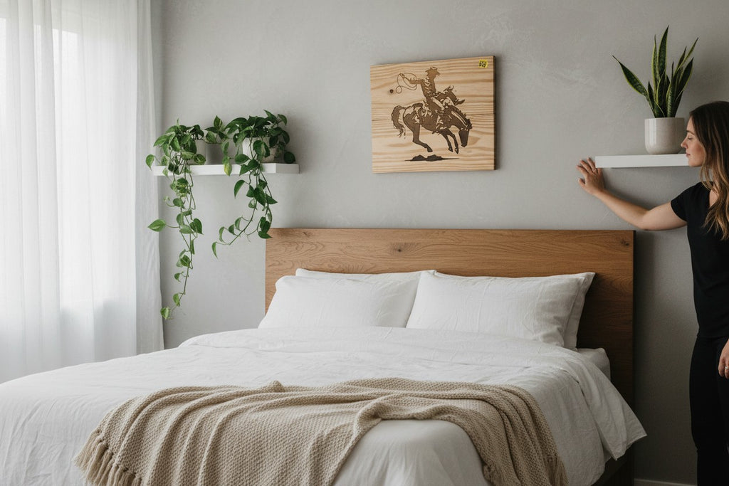 TK Wood Designs Bronco Cowboy salvaged wood sign featuring a silhouette of a cowboy on a bucking horse, rustic western decor.